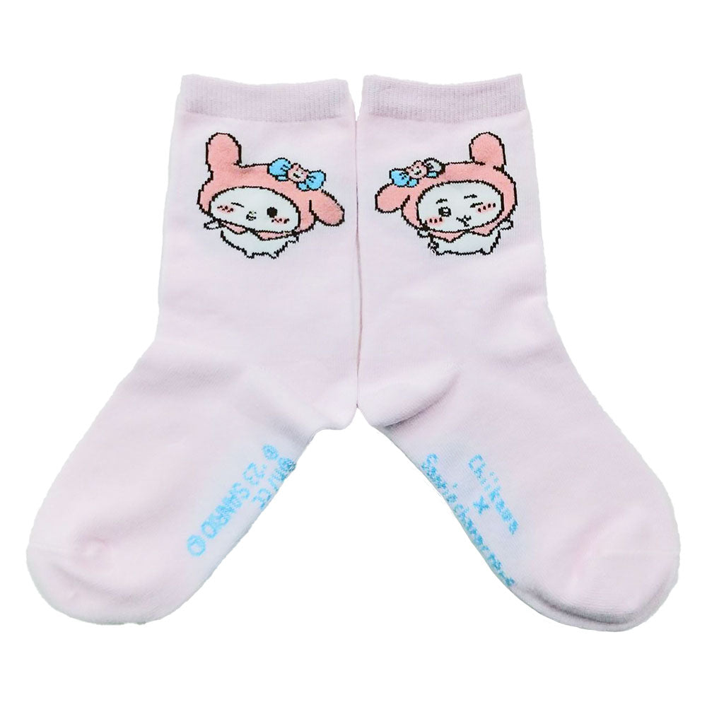 吉伊卡哇×三麗鷗角色 圓筒襪（吉伊卡哇＆美乐蒂） 兒童款 ちいかわ×サンリオキャラクターズ クルーソックス（ちいかわ＆マイメロディ） キッズ用