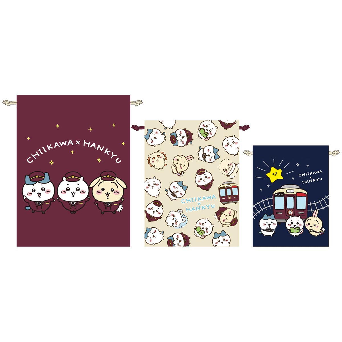 吉伊卡哇 阪急電車系列 3件裝拉鍊袋 ちいかわ 阪急電車な巾着袋3点セット