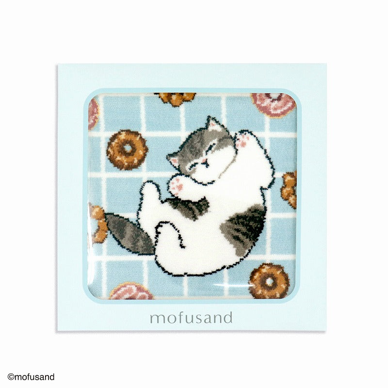 mofusand Shenir編織毛巾手帕（檢查甜甜圈藍色） mofusand シェニール織タオルハンカチ(チェックドーナッツ ブルー)