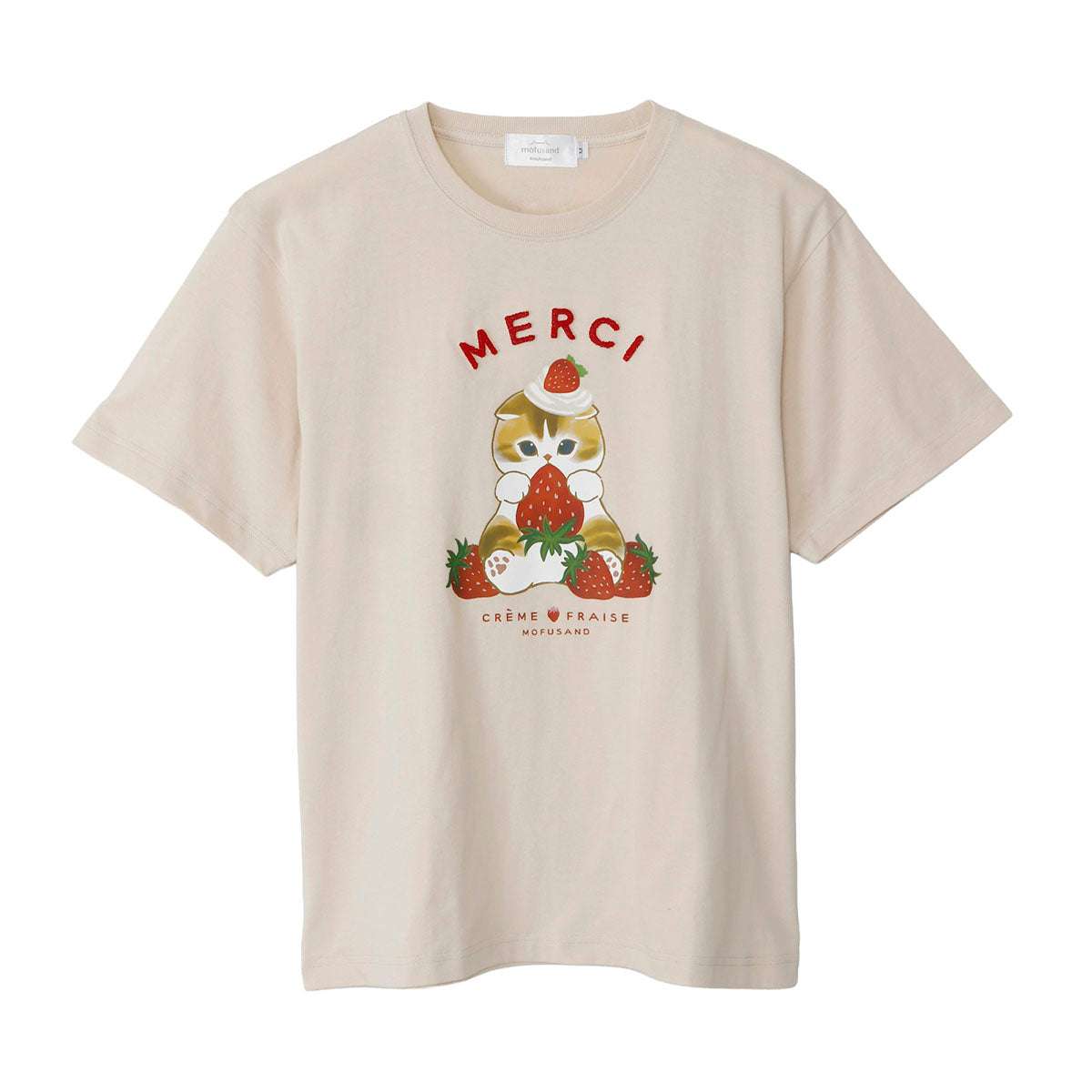 mofusand MERCI STRAWBERRY T恤 MERCI（自然色） mofusand MERCI STRAWBERRY Tシャツ MERCI ナチュラル