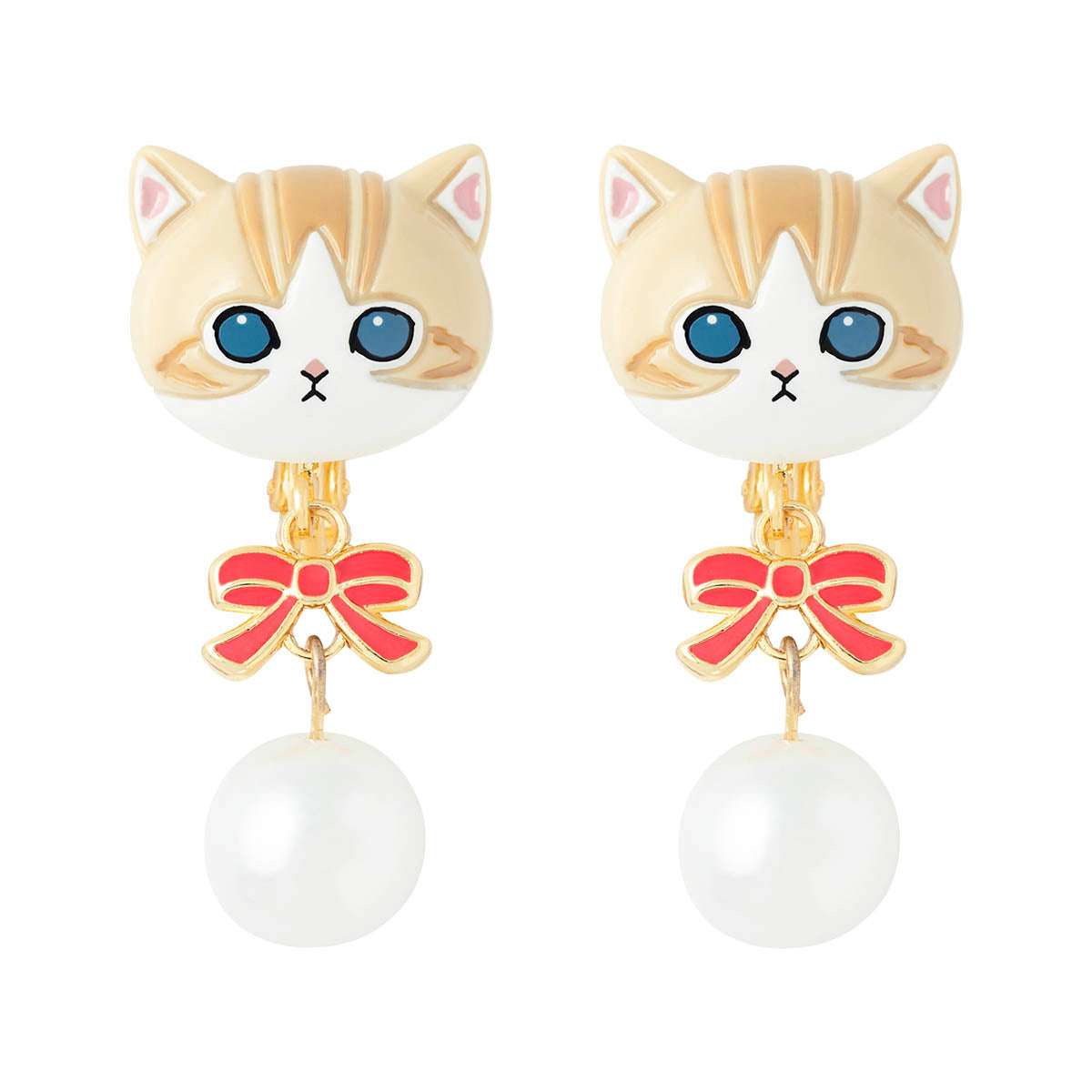 mofusand 丘比特&天使 蝴蝶結珍珠耳夾（茶白） mofusand リボンとパール付きイヤリング(茶白)