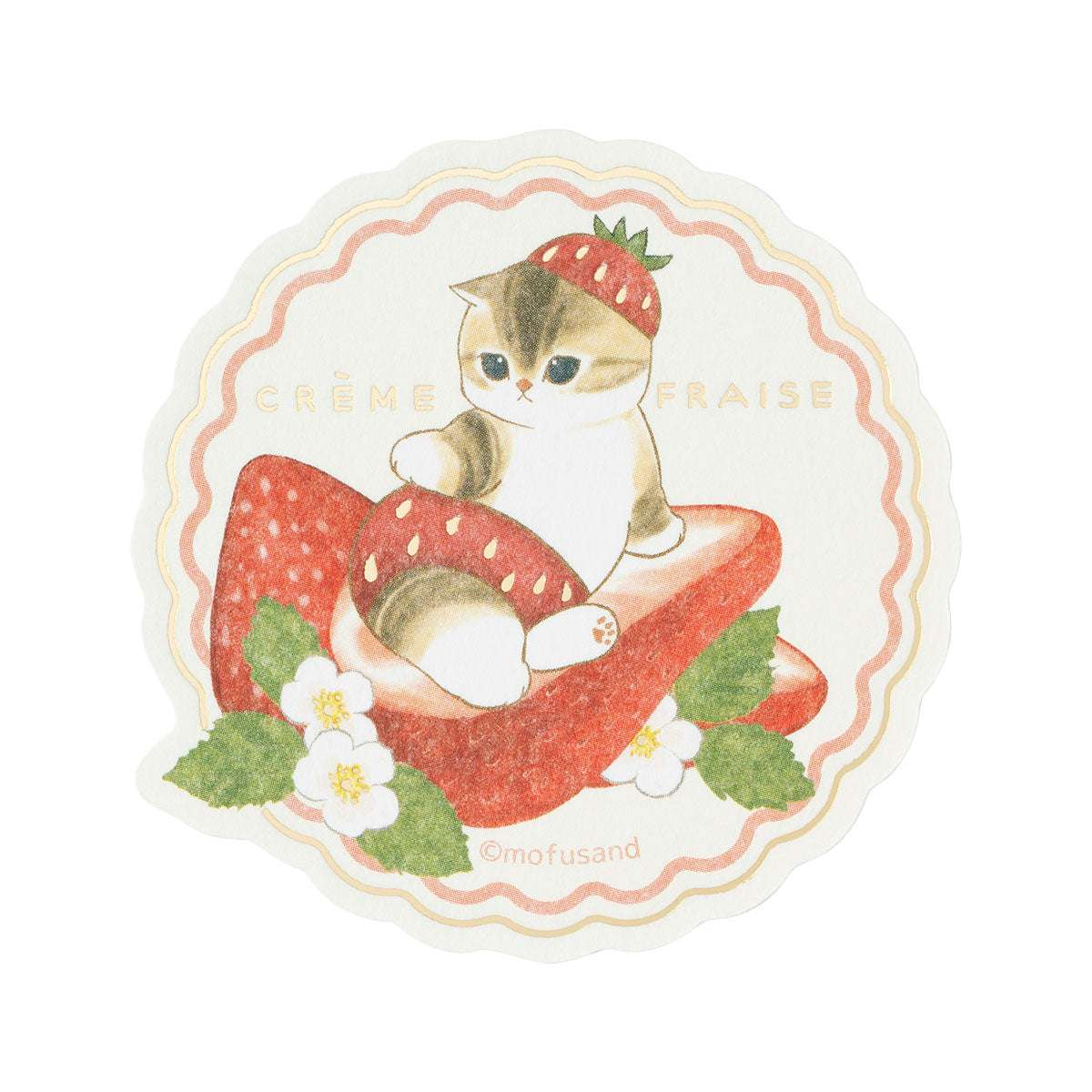 mofusand MERCI STRAWBERRY 燙金貼紙（坐在草莓上的貓） mofusand MERCI STRAWBERRY スマホに貼れるサイズの箔押しステッカー(いちごにのった猫)