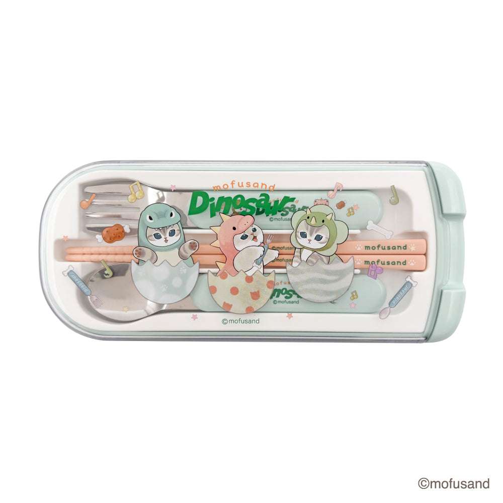 mofusand 滑蓋三件組 – 筷子、湯匙、叉子（恐龍貓） mofusand 引フタトリオセット(かいじゅうにゃん)