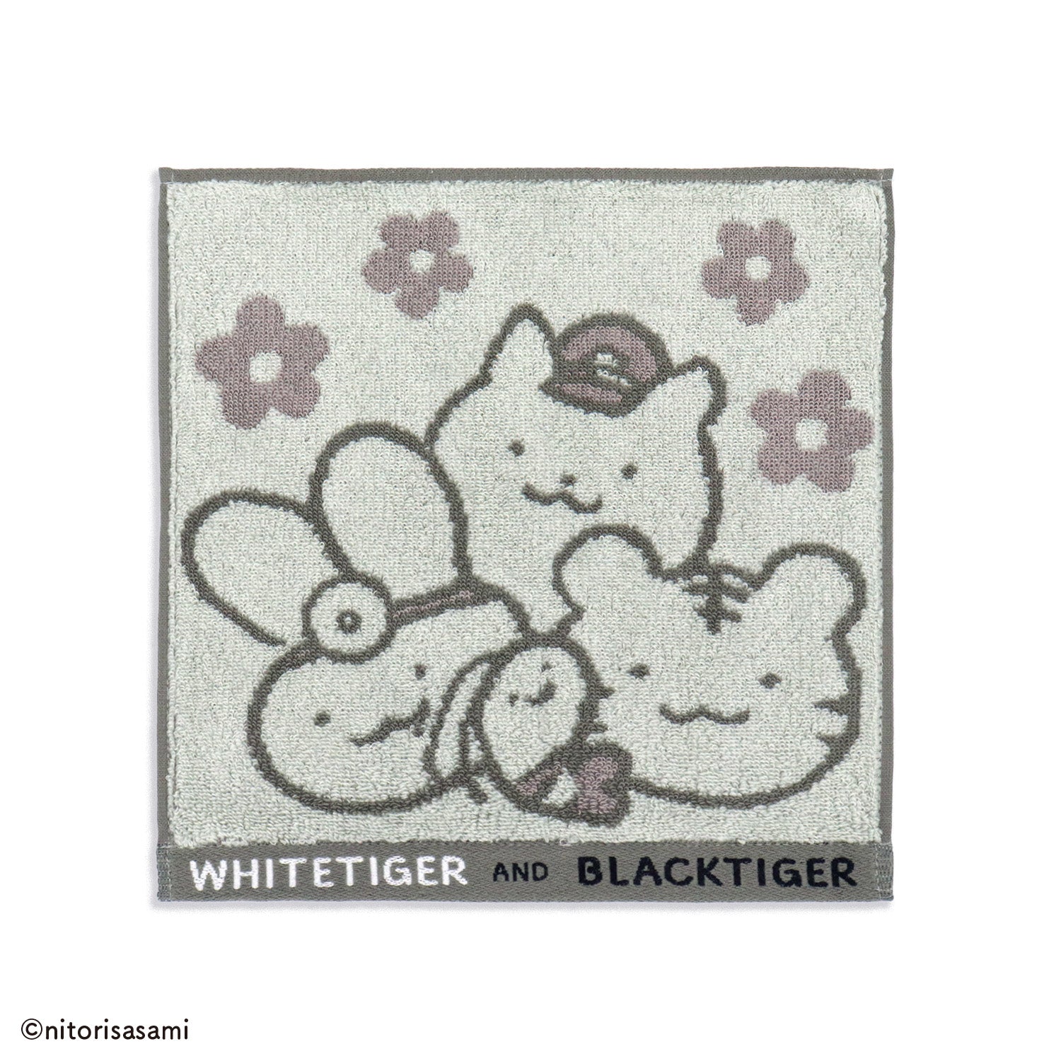 小白虎與黑虎蝦 毛巾手帕（綠色） ホワイトタイガーとブラックタイガー タオルハンカチ（グリーン）