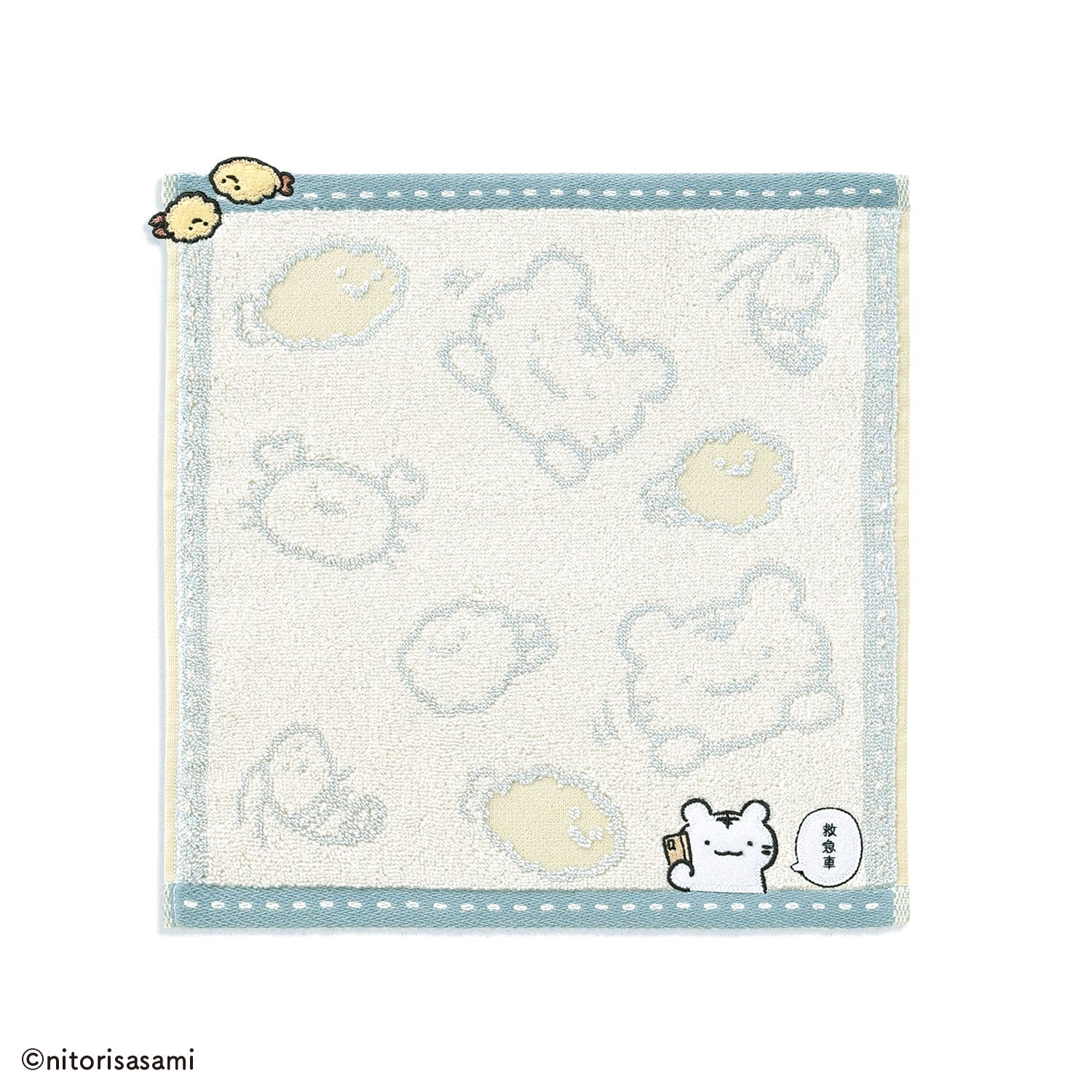 小白虎與黑虎蝦 炸蟹爪和炸蝦毛巾手帕藍色 ホワイトタイガーとブラックタイガー カニ爪フライとえびフライ タオルハンカチブルー