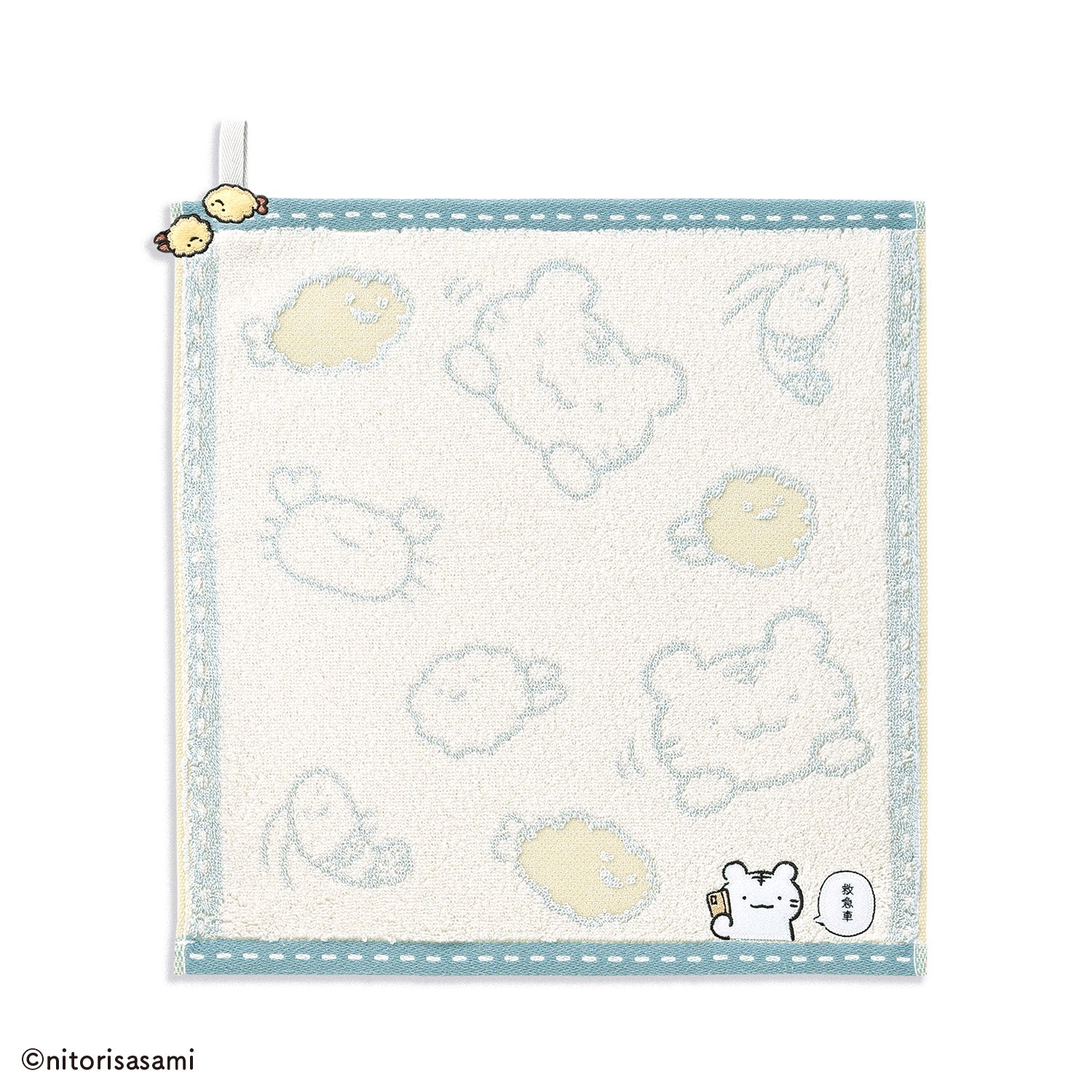 小白虎與黑虎蝦 炸蟹爪和炸蝦，帶環洗毛巾藍色 ホワイトタイガーとブラックタイガー カニ爪フライとえびフライ ループ付きウォッシュタオルブルー