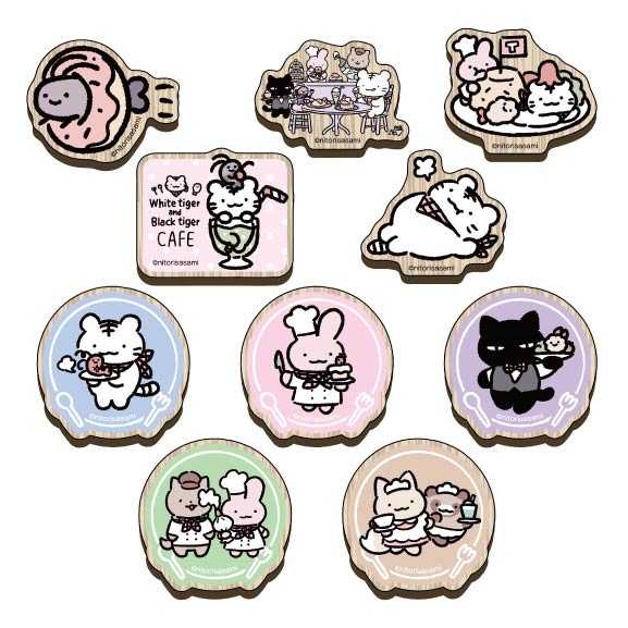 小白虎與黑虎蝦 咖啡廳 盲盒木質冰箱貼（全10種） ホワイトタイガーとブラックタイガーカフェ トレーディングウッドマグネット（全10種）